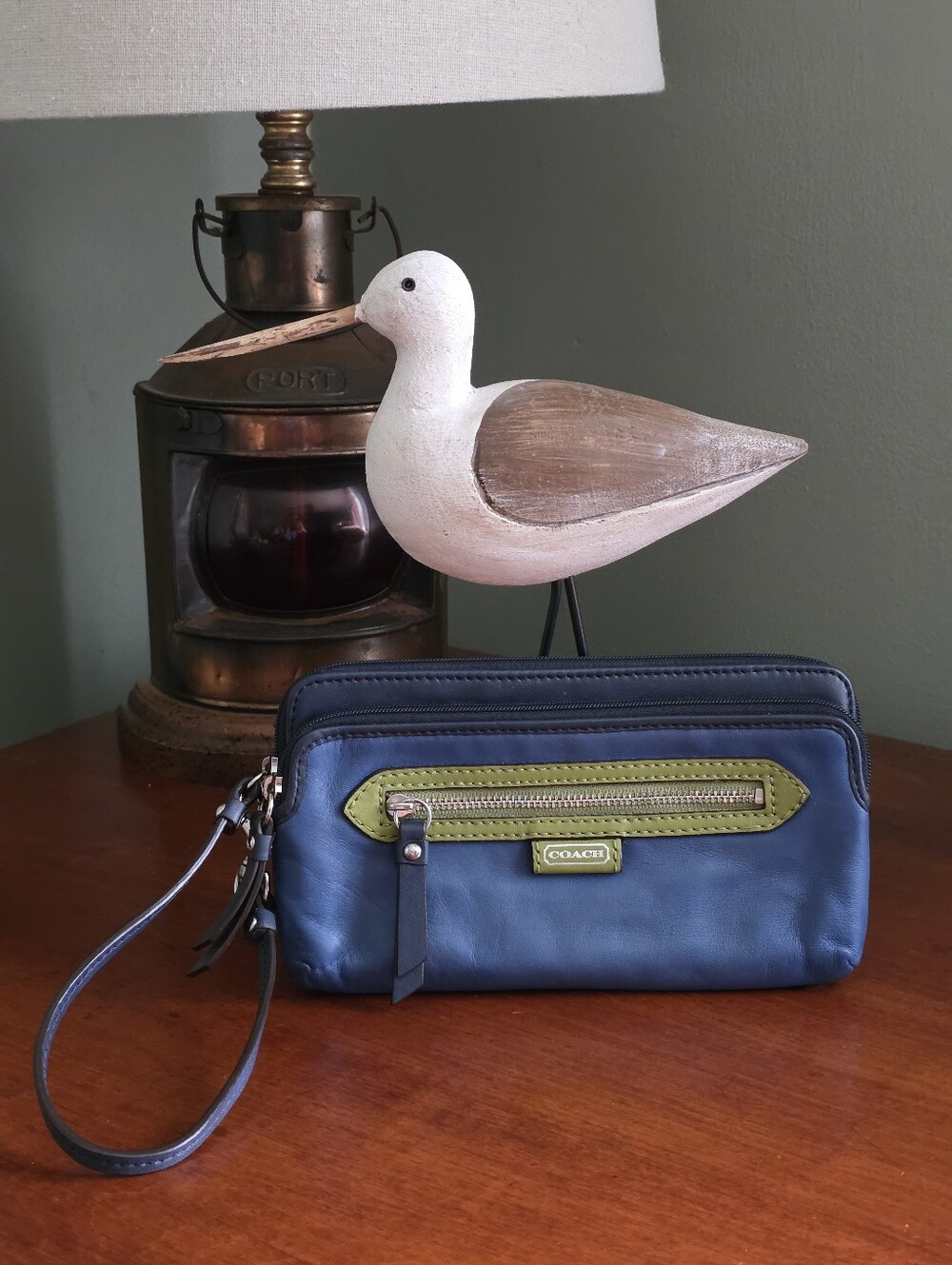 Coach Daisy Spectator Double Zip Wristlet Blue Green Leather Colorblock